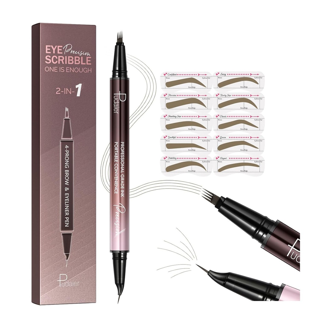 Pudaier 2-in-1 Curved Eyebrow Pen & Eyeliner with 10Pcs Brow Stencils, Microblading Eyebrow Pencil, Waterproof & Long Lasting, Truffle