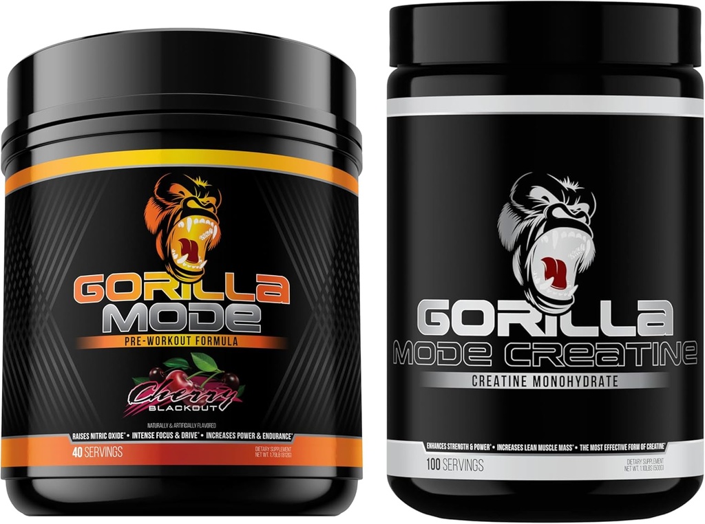 Gorilla Mind Pre προπόνηση (Cherry) + Createine (100 Serv.) - Πλήρης στοίβα για βελτιωμένη δύναμη, την έξοδο ενέργειας, και το μέγεθος των μυών
