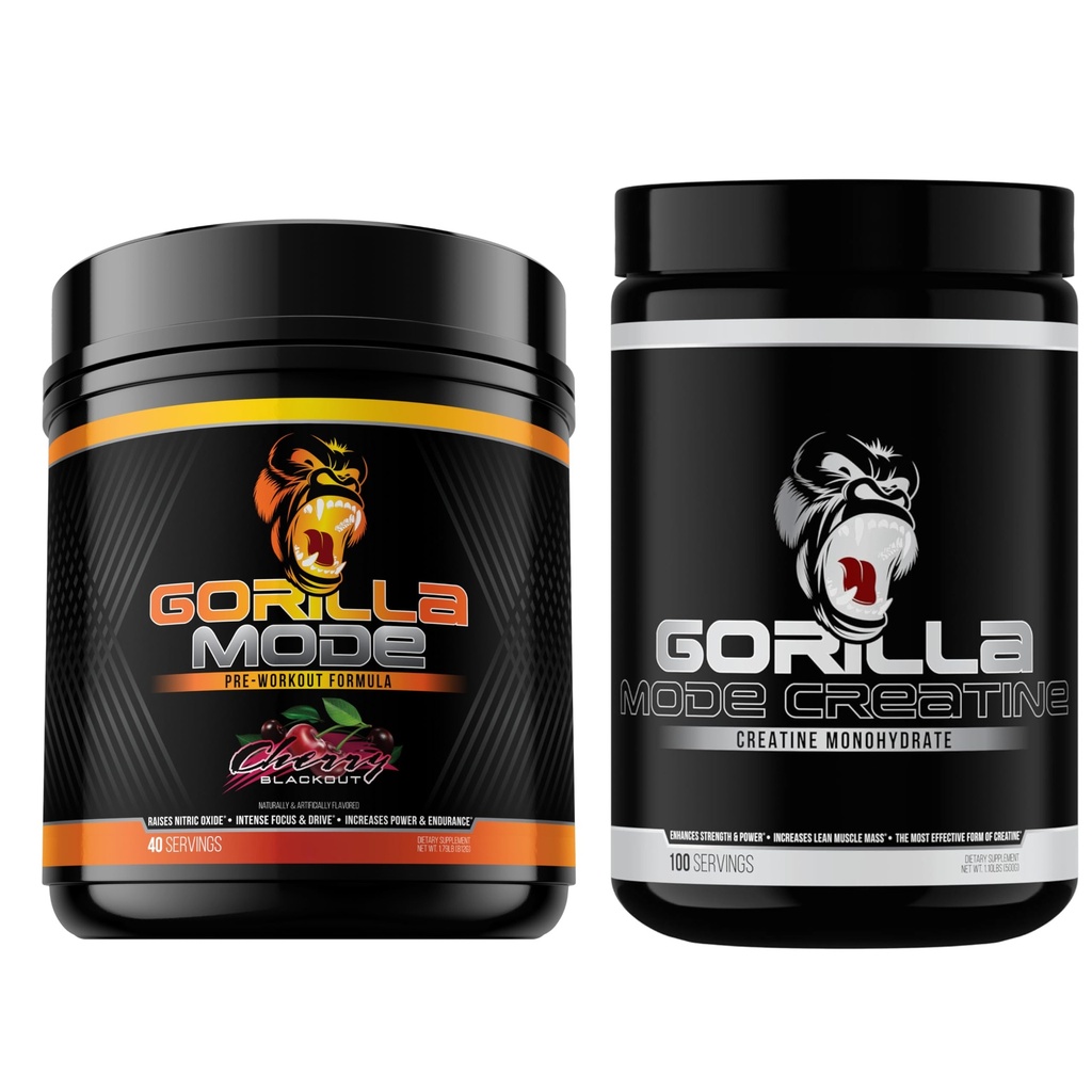 Gorilla Mind Pre προπόνηση (Cherry) + Createine (100 Serv.) - Πλήρης στοίβα για βελτιωμένη δύναμη, την έξοδο ενέργειας, και το μέγεθος των μυών