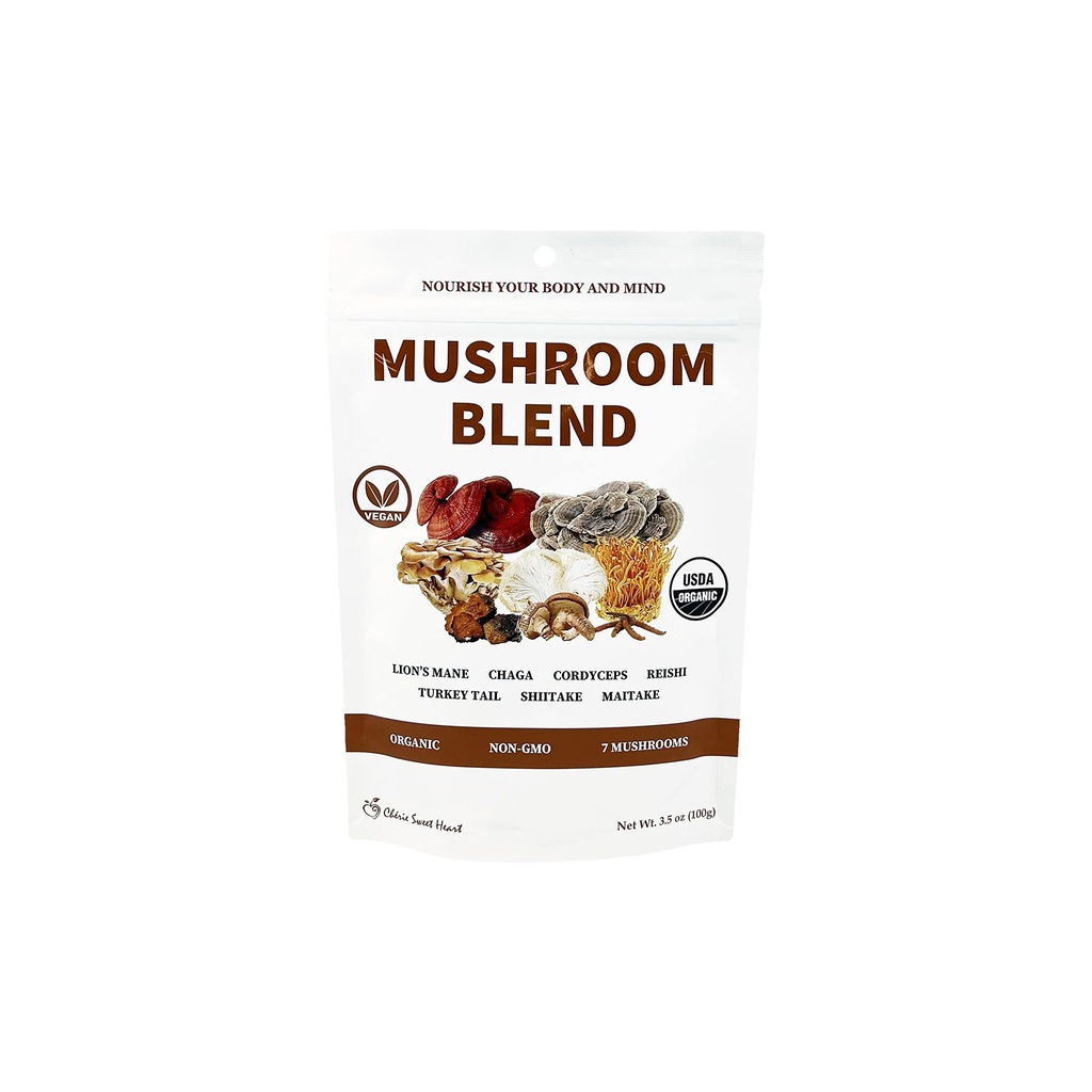 Cherie Sweet Heart 7 Mushroom Extract Powder – USDA Organic Superfood Blend with Lion's Mane, Reishi, Cordyceps, Maitake, Shiitake, Turkey Tail & Chaga – Vegan, Non-GMO, Gluten-free – 3,5 oz