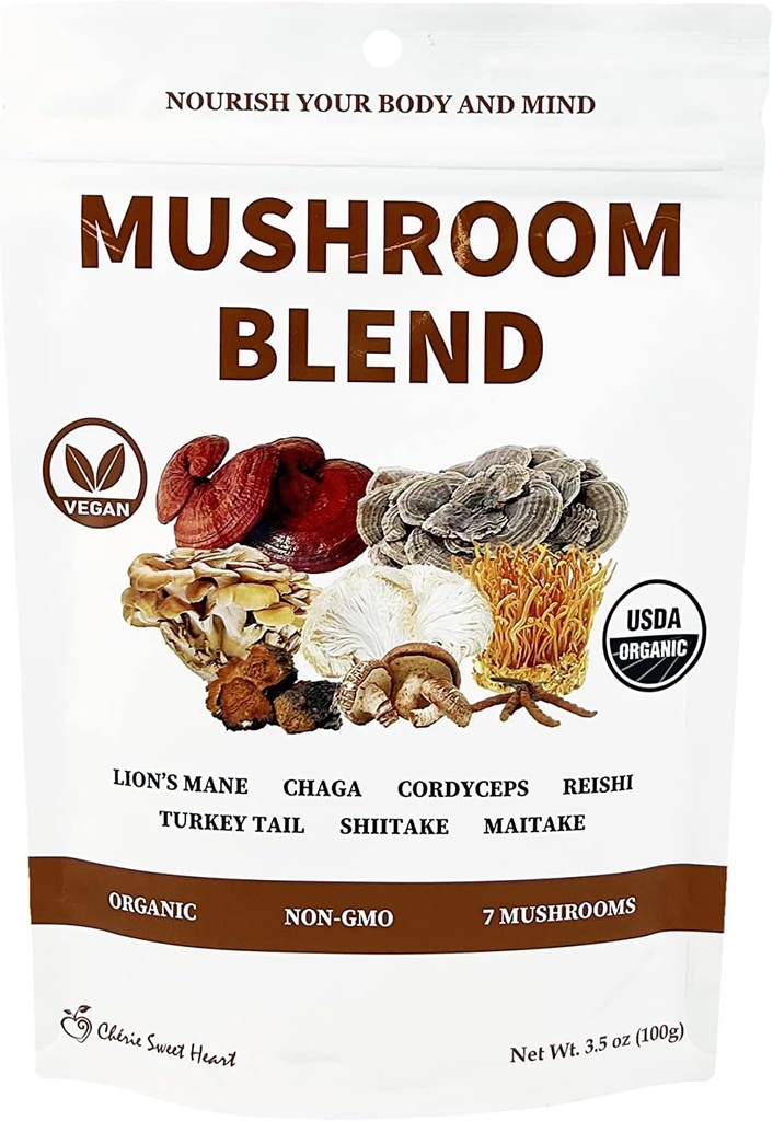 Cherie Sweet Heart 7 Mushroom Extract Powder – USDA Organic Superfood Blend with Lion's Mane, Reishi, Cordyceps, Maitake, Shiitake, Turkey Tail & Chaga – Vegan, Non-GMO, Gluten-free – 3,5 oz
