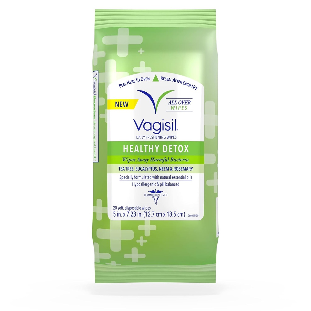 Vagisil Wipes for All Over Cleaning, Health Detox, Formulated with Essential Oils, 20 Wipes in a Re-Sealable Pouch (Pack of 1)