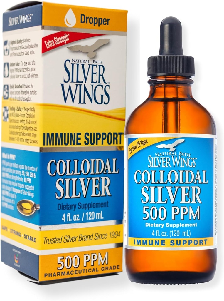 Natural Path Silver Wings Colloidal Silver 500ppm Immune Support Supplement 4 fl. oz. Dropper