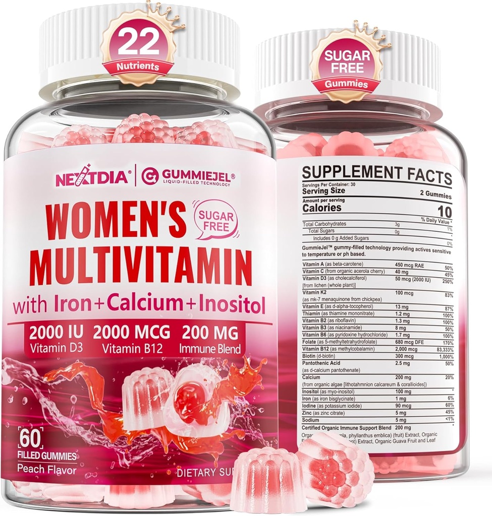 Methylated Multivitamin for Women Gummies, Calcium, D3 K2, Methylfolate & B12, Inositol, Daily Vitamin A, C, E, B Complex, Biotin, Iron - Energy, Immune, Bone, Skin, Hair - Vegan, Sugar Free, 60 Count