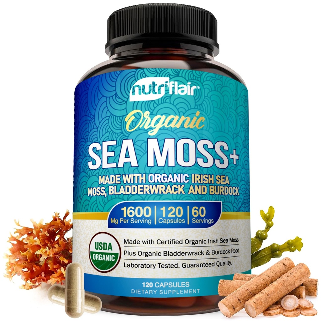 NutriFlair Organic Sea Moss 1600mg, 120 κάψουλες Plus Bladderwrack & Burdock - Prebiotic Super Food - Ανοσοποιητικό Σύστημα & Πειθητική Υγεία - Θυρεοειδές, Υγιεινό Δέρμα, Keto Detox, Gut
