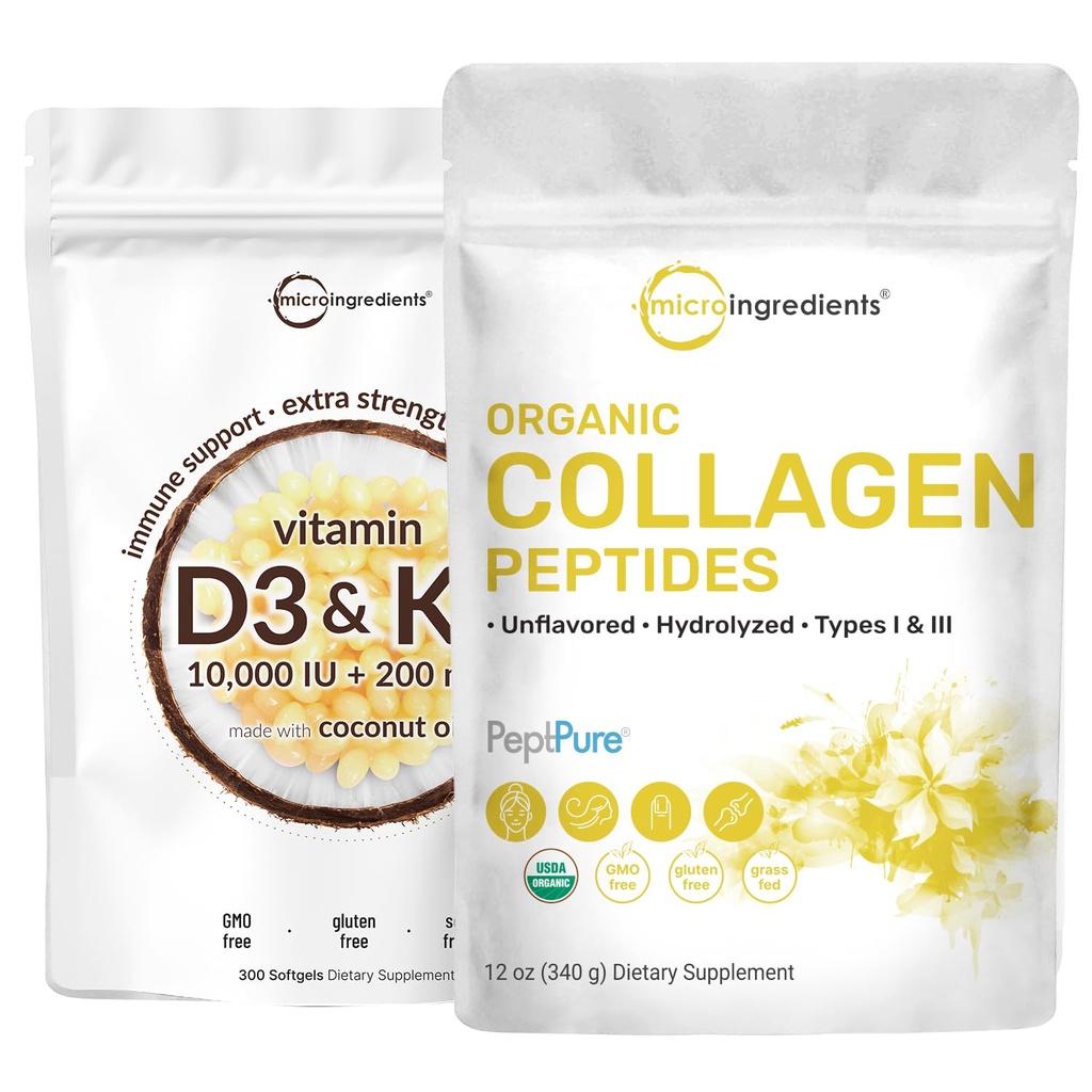 Micro Συστατικά Βιταμίνη D3 10000 u + K2 200 mcg Λάδι καρύδας Softgels & Βιολογικό Κολλαγόνο Peptides Powder Bundle 2 Pack 
