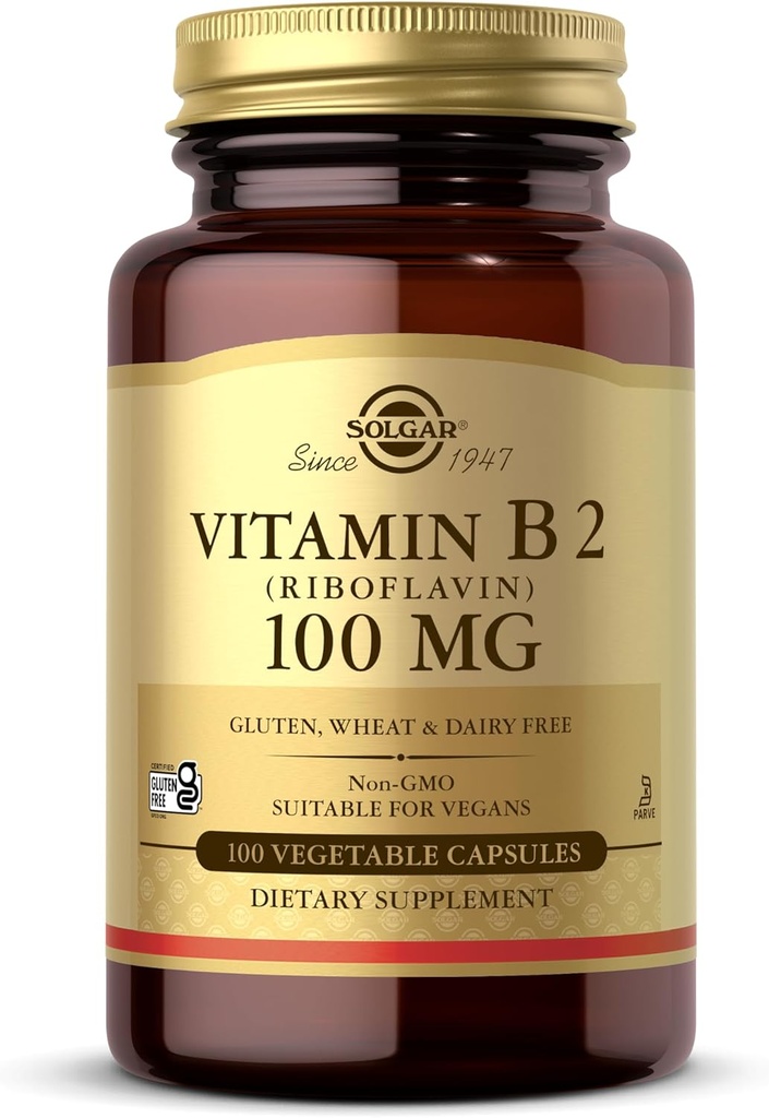 Solgar Vitamin B2 (Riboflavin) 100mg, 100 κάψουλες λαχανικών - Ενεργειακός Μεταβολισμός, Υγιεινό Νευρικό Σύστημα - Μη ΓΤΟ, Vegan, Χωρίς γλουτένη, Χωρίς γαλακτοκομικά, Kosher - 100 Σερβιέτες