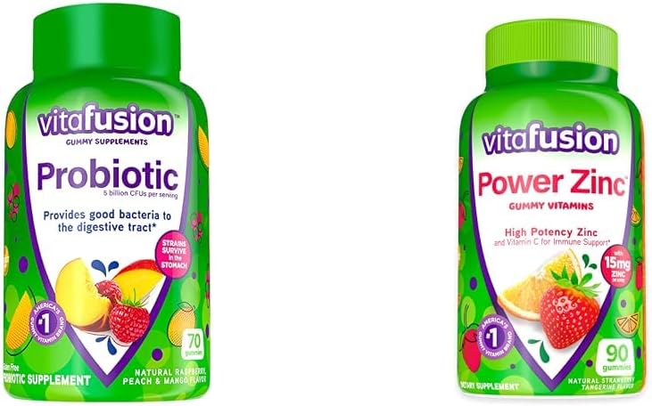 Vitafusion Probiotic Gummy Συμπληρώματα, Βατόμουρο, Ροδάκινο και Mango Flavors, 35 Ημέρα προσφοράς, 70 Count Power Zinc Gummy Βιταμίνες, Φράουλα Tangerine Γεύση, 90 Count