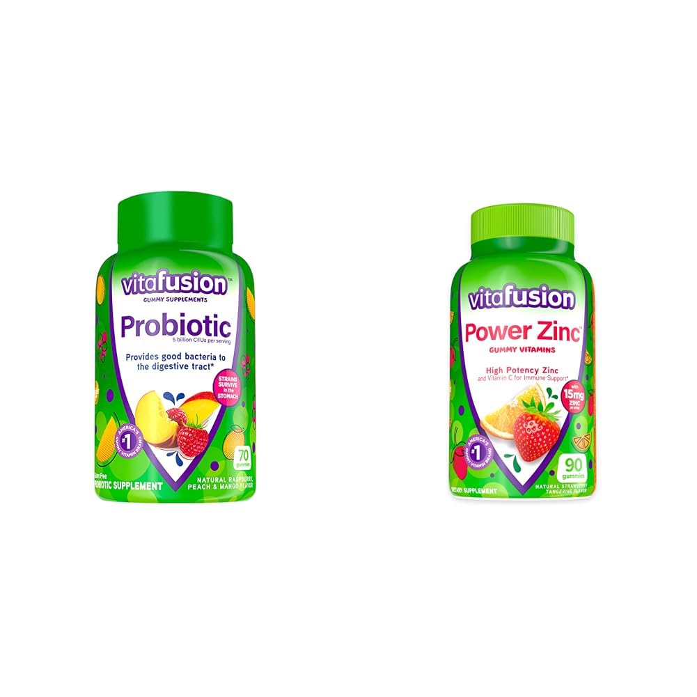 Vitafusion Probiotic Gummy Συμπληρώματα, Βατόμουρο, Ροδάκινο και Mango Flavors, 35 Ημέρα προσφοράς, 70 Count Power Zinc Gummy Βιταμίνες, Φράουλα Tangerine Γεύση, 90 Count