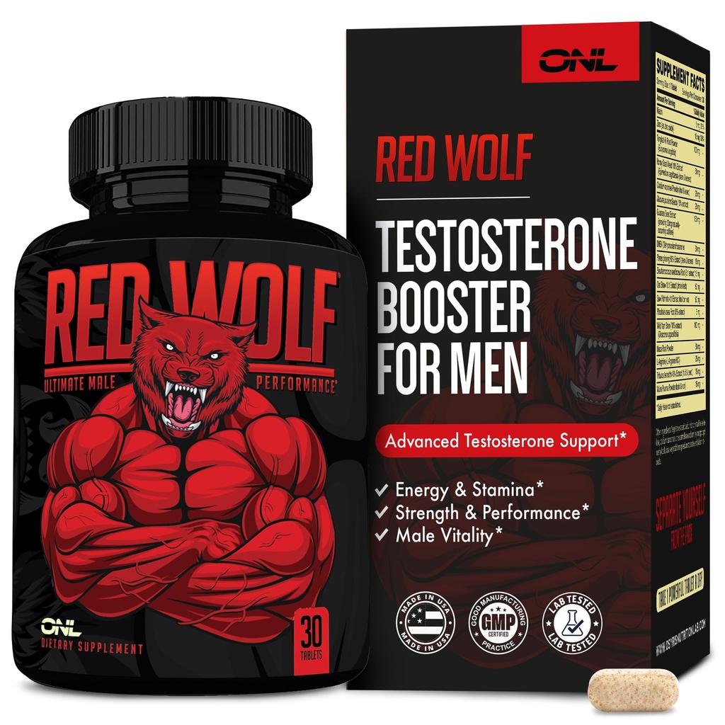 ONL Red Wolf Testosterone Booster για τους άνδρες - Ultimate Ανδρικό συμπλήρωμα για την αντοχή υψηλής ισχύος, ενέργεια & δύναμη - Testosterone συμπλήρωμα για τους άνδρες - w/Tongkat Ali Ανδρική Ενίσχυση - 30 Ct