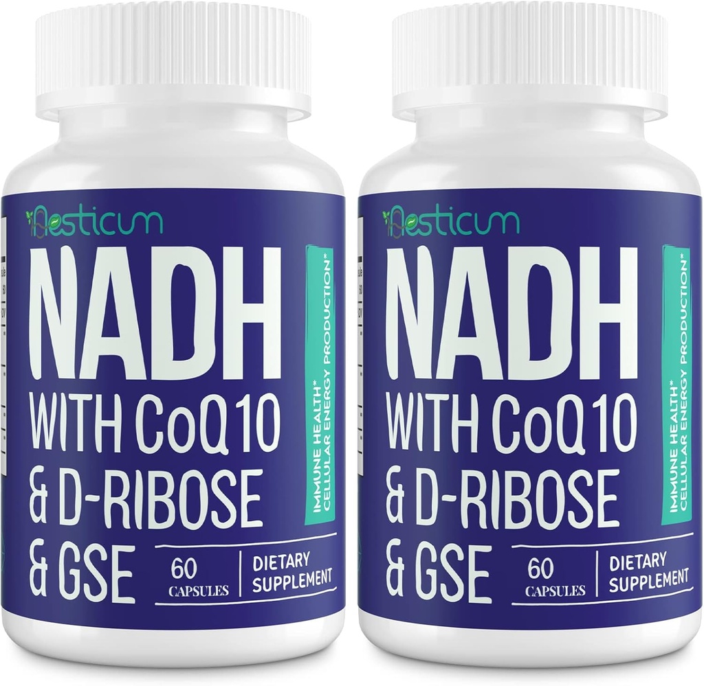 NADH 50mg + CoQ10 200mg + D-Rιβόζη 150mg συμπλήρωμα, ενίσχυση NAD+ Συμπληρώματα για το ανοσοποιητικό σύστημα, Κυτταρική Ενέργεια, Εστίαση, Μειωμένη Νικοτιναμίδη Αδενίνη Δινουκλεοτίδιο, 120 Κάψουλες Veggie