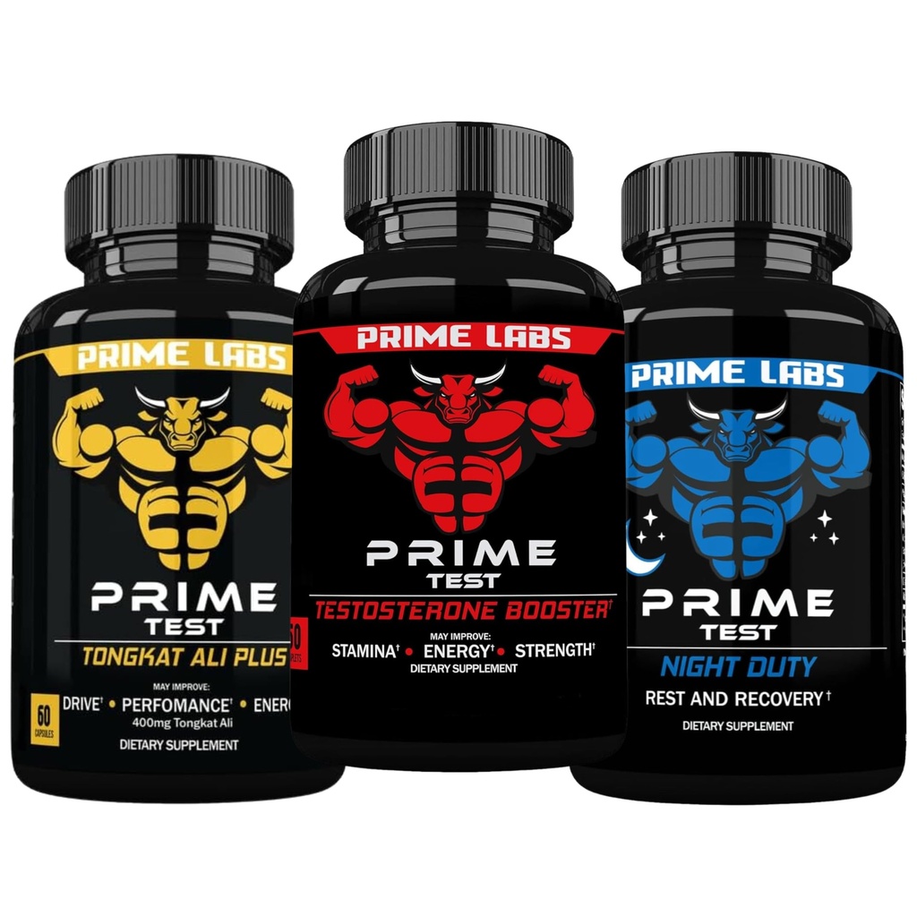 Prime Labs Prime Test Test Testosterone Booster + Night Duty Sleep Supplement + Tongkat Ali Plus (60 Count Each)