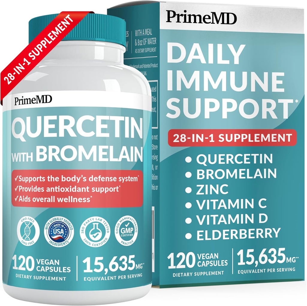 28-σε-1 Quercetin με Bromelain συμπλήρωμα για την καθημερινή ανοσοκατασταλτική άμυνα Υποστήριξη - Quercetin με βιταμίνη C και ψευδάργυρο για ενήλικες Εμπλουτισμένο με βιταμίνη D και Elderberry (120ct)