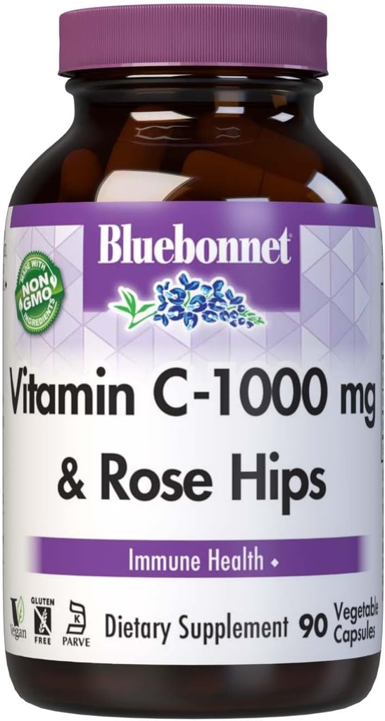 Bluebonnet Διατροφή Βιταμίνη C-1000 mg Plus Rose HIPS Φυτικά Capules, για την Ανοσοποιητική Υγεία, για Αντιοξειδωτική Προστασία, Χωρίς Σόγια, Χωρίς Γλουτένη, Μη ΓΤΟ, Κοσέρ, Χωρίς Γαλακτοκομικά, Vegan, 90 Μέτρα