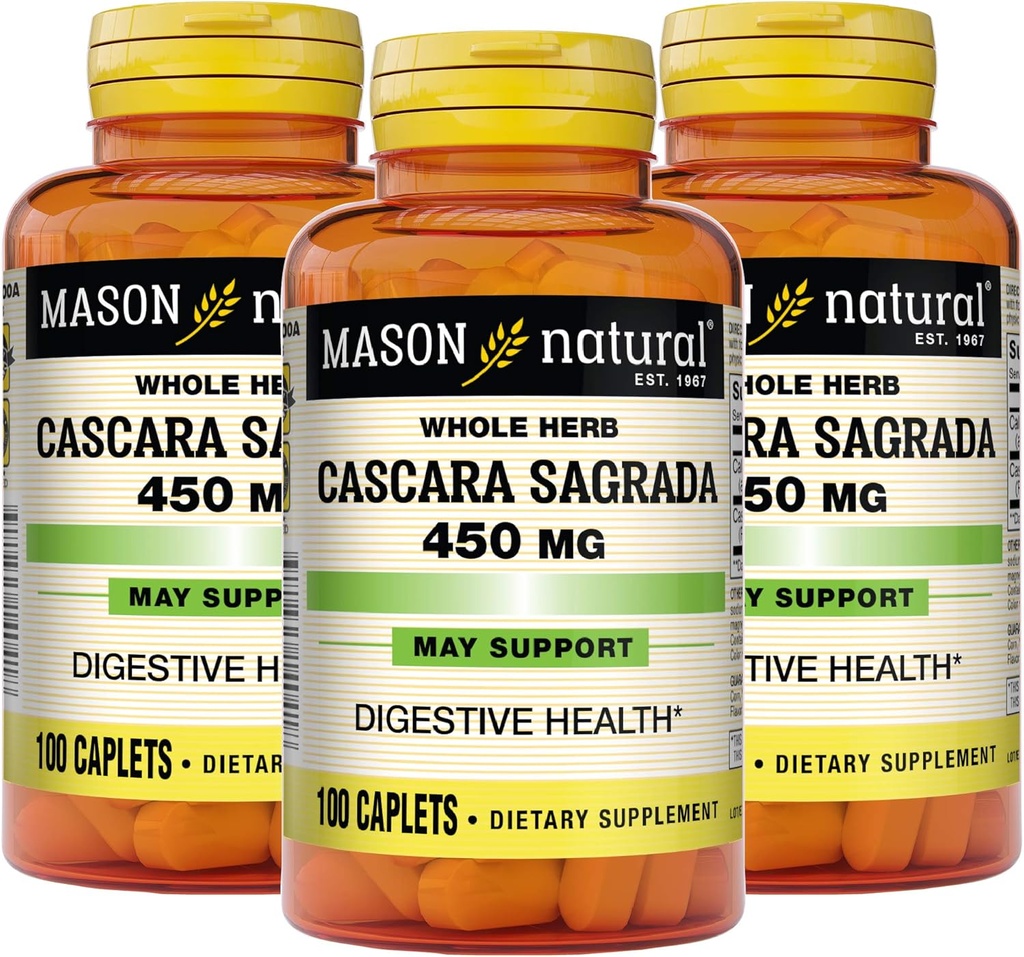 Mason Natural Cascara Sagrada 450 mg, συμπλήρωμα βοτάνων για την υποστήριξη της φυσιολογικής λειτουργίας Digestive, 100 Caplets (πακέτο των 3)