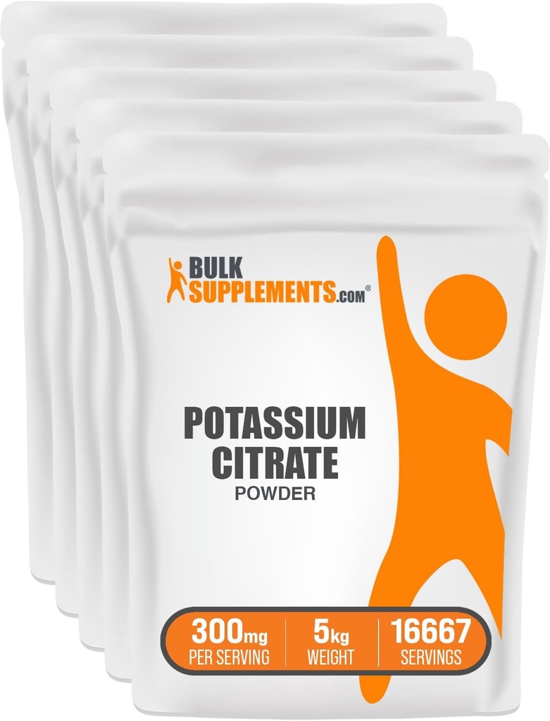 BulkSupplements.com Κιτρικό κάλιο σε σκόνη - για την υποστήριξη της ενυδάτωσης, Συμπλήρωμα Ορυκτού, Κάλιο 99mg - Χωρίς γλουτένη, 300mg ανά σερβίρισμα, 1kg (2,2 lbs) (πακέτο των 5)