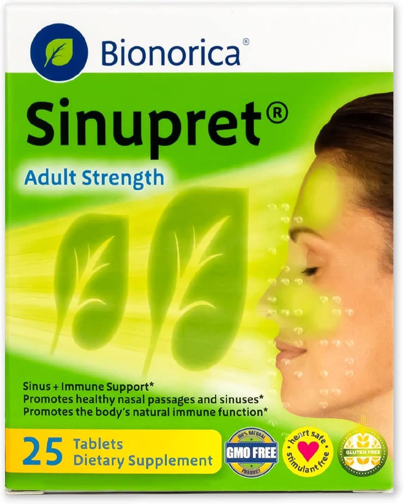 Sinupret Adult Strength Sinus + Immune Support All Natural, Fast Acting Herbal Nasal Passage & Immunity Boost Supplement with Verbena & Elder Flower - 25 Tablets