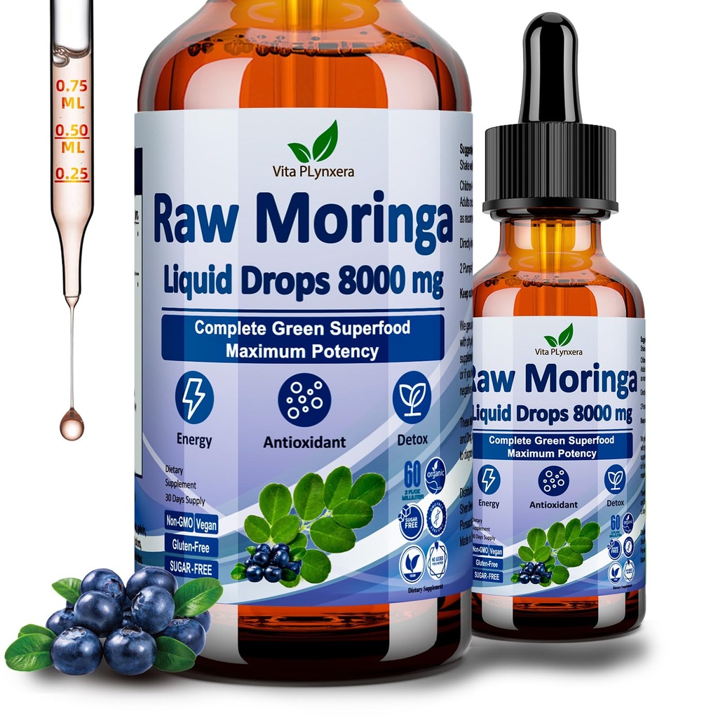 Raw Moringa Liquid Drops 8000 mg, Organic Moringa Oleifera Leaf Extract w. Supergreens Blend of Wheatgrass, Barley Grass for Antioxidant, Energy & Immune, High Potency Than Caps σκόνη