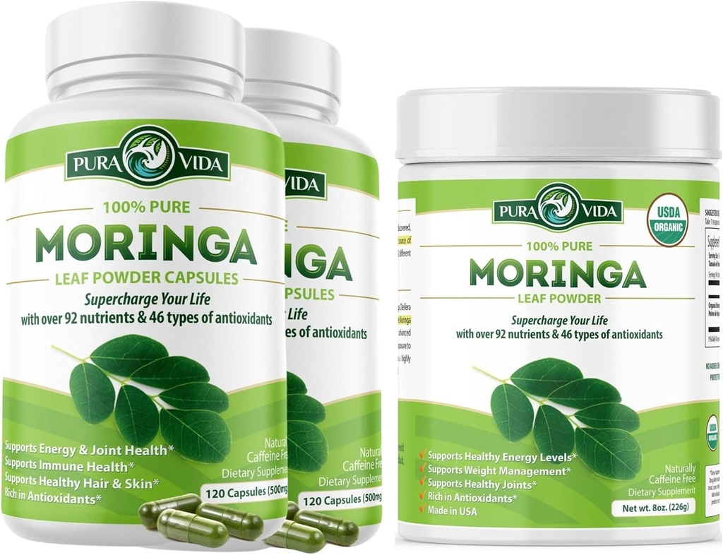 Moringa Κάψουλες 120ct. 500mg Καπάκια. (πακέτο των 2) και Moringa σκόνη 8 oz.