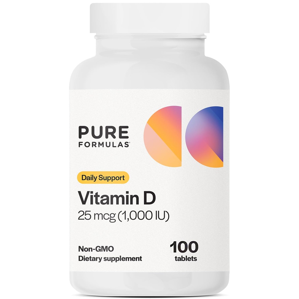 PureFormulas Vitamin D3 1. 000 IU 25 mcg - Premium συμπλήρωμα βιταμίνης D για υγιή σχηματισμό των οστών, δόντια, καρδιοαγγειακή υγεία, και ανοσοποιητική υποστήριξη Μη- ΓΤΟ - 100 δισκία κόμη
