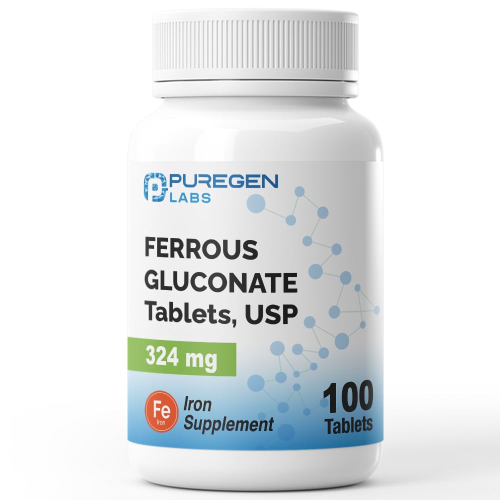 Puregen Labs Ferrous Gluconate 324 mg [Υψηλή Ικανότητα] Συμπλήρωμα σιδήρου, Απαλό στο στομάχι - 100 δισκία