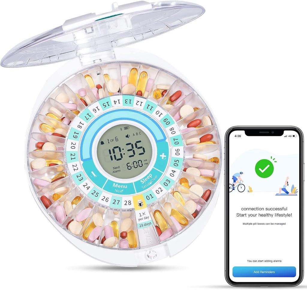 Zoksi Αναβάθμιση Bluetooth Smart Αυτόματος Διανομέας Χάπια, Ηλεκτρονικός Διανομέας Φάρμακων για Ηλικιωμένους, 28 Διαμερίσματα Οργανωτής Ιατρικής με Ήχος / Φως / App Συναγερμός (Έχετε Λειτουργία Βίντεο παρακάτω)