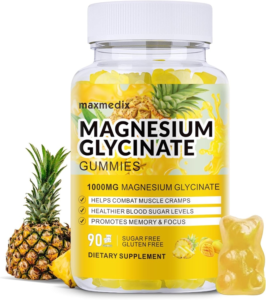 Μαγνήσιο Γλυκινικό Gummies 1000mg, χωρίς ζάχαρη Συμπληρώματα μαγνησίου Κάλιο Μασώμενο για ενήλικες με L-Θρεονικό για τον ύπνο, την υποστήριξη του σώματος και την χαλάρωση, 90 Mango Ανανάς Gummies
