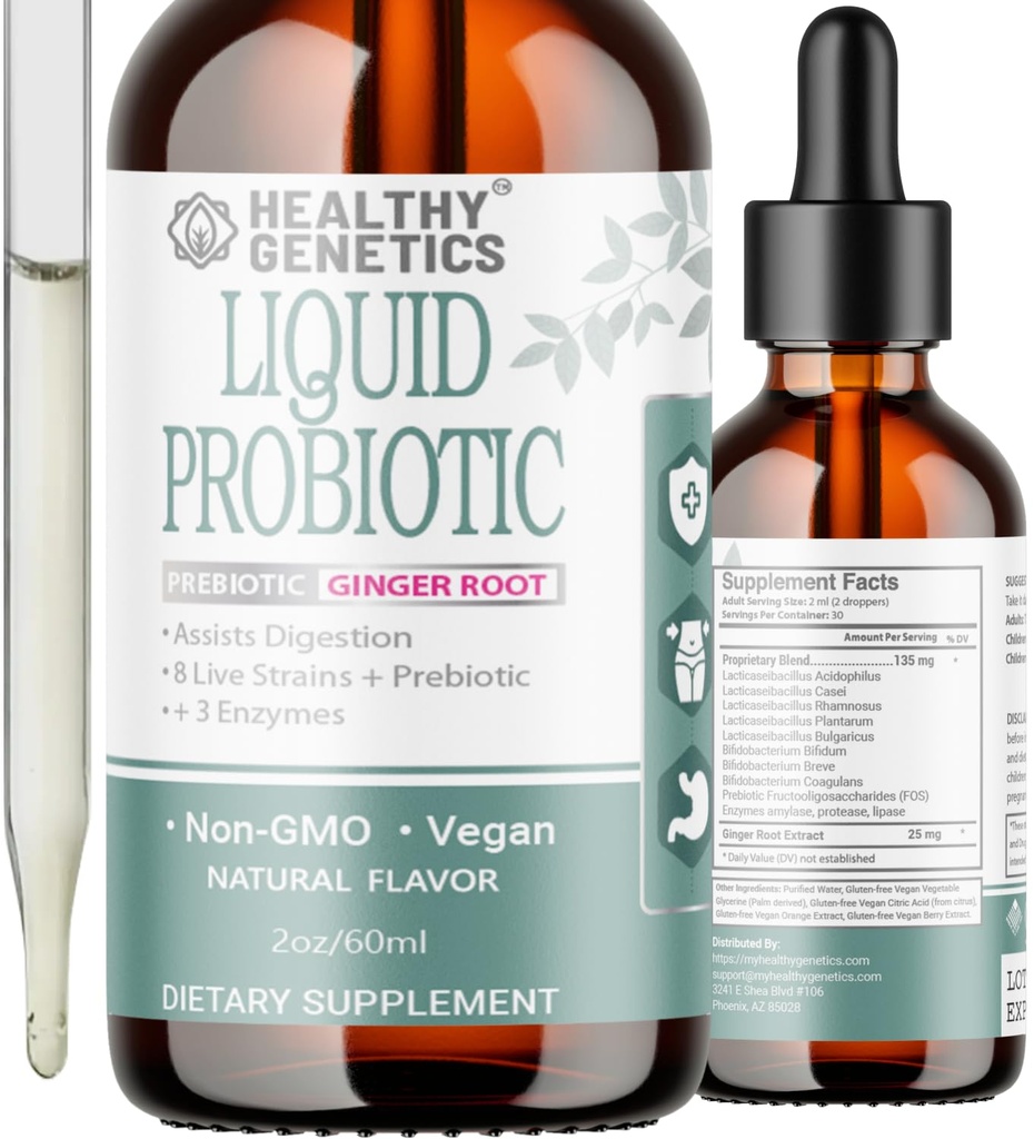 Liquid Probiotics for Women Men & Kids | Prebiotic +Ginger + Probiotics for Digestive Health | Acidophilus Probiotic | Dairy Free | Vegan | Non-GMO | Gluten Free | 30 Servings