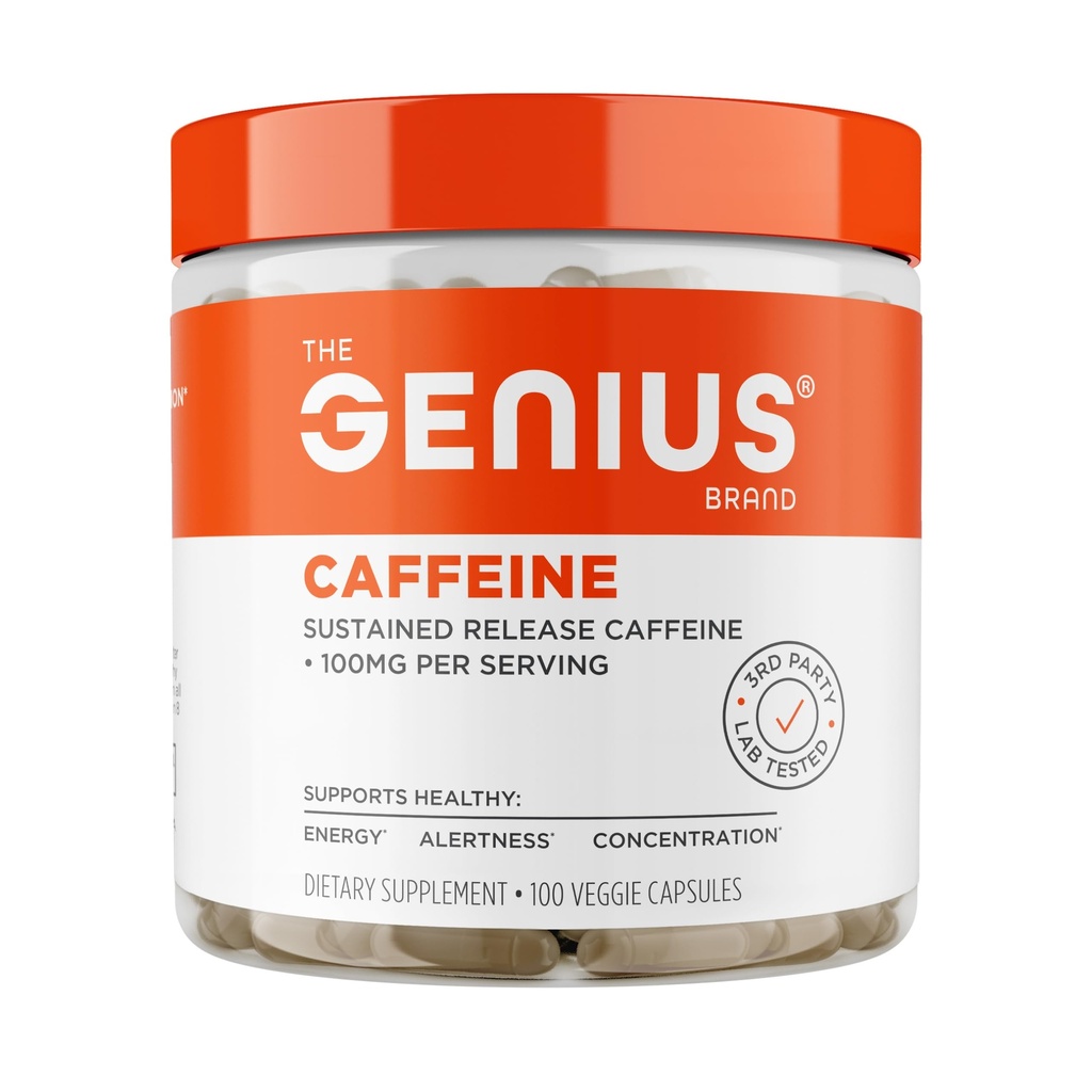 Genius Caffeine - Παρατεταμένη-Απελευθερωμένη μικροκαπνισμένα χάπια καφεΐνης για την ομαλή, μακράς διάρκειας ενέργεια & εστίαση - Δεν Jitters ή συντριβή - 100mg ανά καψάκιο - 100 Servings - Φυσικές επιδόσεις Booster