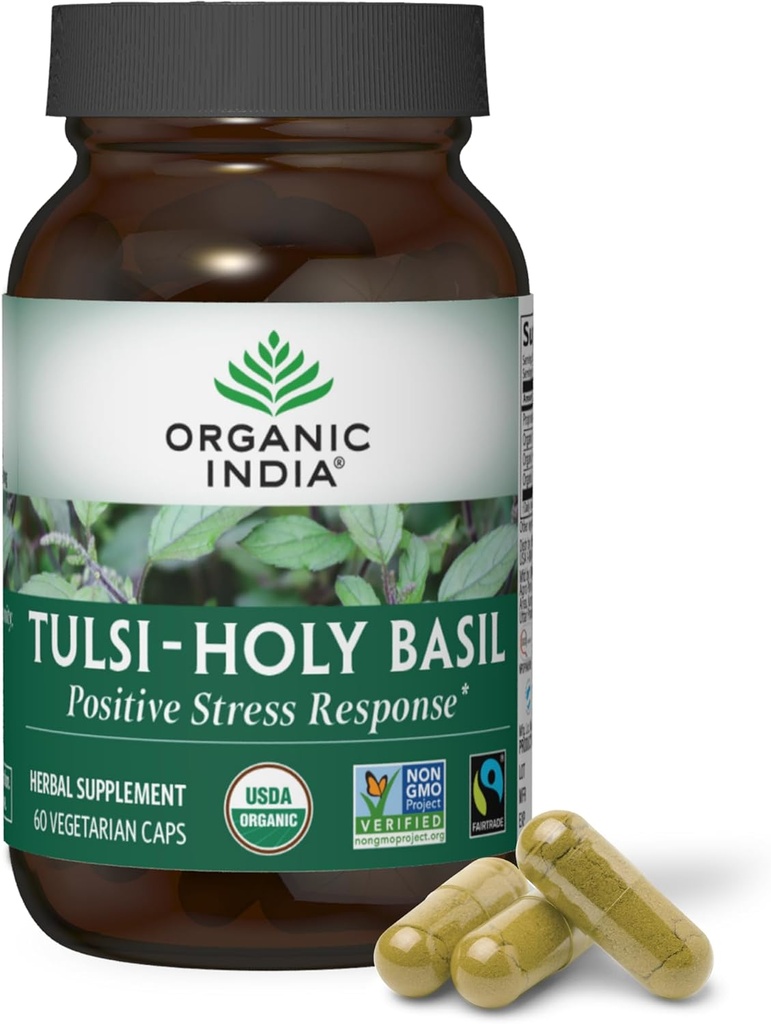 ORGANIC INDIA Tulsi Holy Basil Κάψουλες - Holy Basil Leaf Supplement, συμπλήρωμα βοτάνων, ανοσοποιητική υποστήριξη, ανακούφιση στρες, Vegan, χωρίς γλουτένη, Kosher, οργανικά, μη ΓΤΟ - 60 κάψουλες