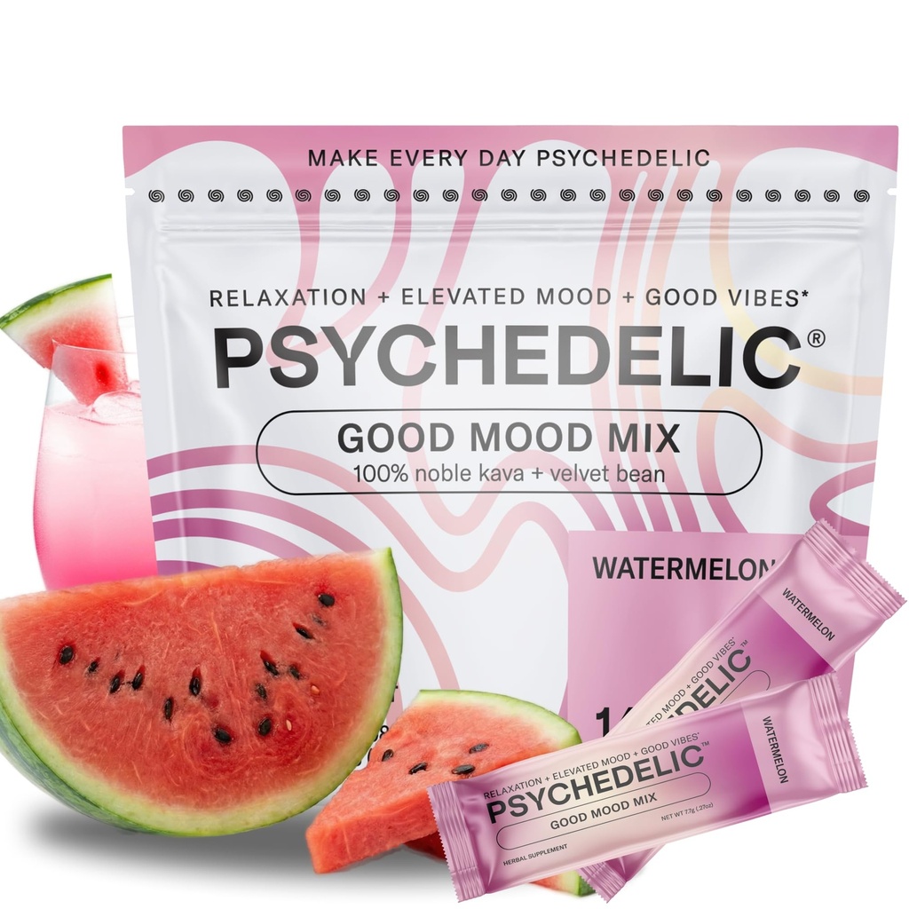 Psychedelic Water Good Mood Mix Watermelon Kava Drink Mix Packets - 250mg Noble Kava Root + Mucuna Pruriens - Vegan, Non-GMO, Gluten-Free - AlcoholFree Relaxation Drink - 14 Servings