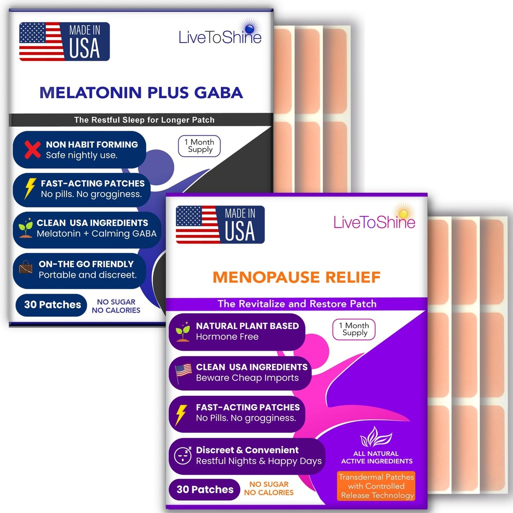 Εμμηνόπαυση Ανακούφιση και μελατονίνη Sleep Patch Bundle - 2 συσκευασίες - Hot Flashs, Night Sweats, Mood Swings Relief Plus Restful Sleep Patches - 30 Day Supply Per Pack (60 Patches) - ΗΠΑ Κατασκευασμένο από το Live To Shine