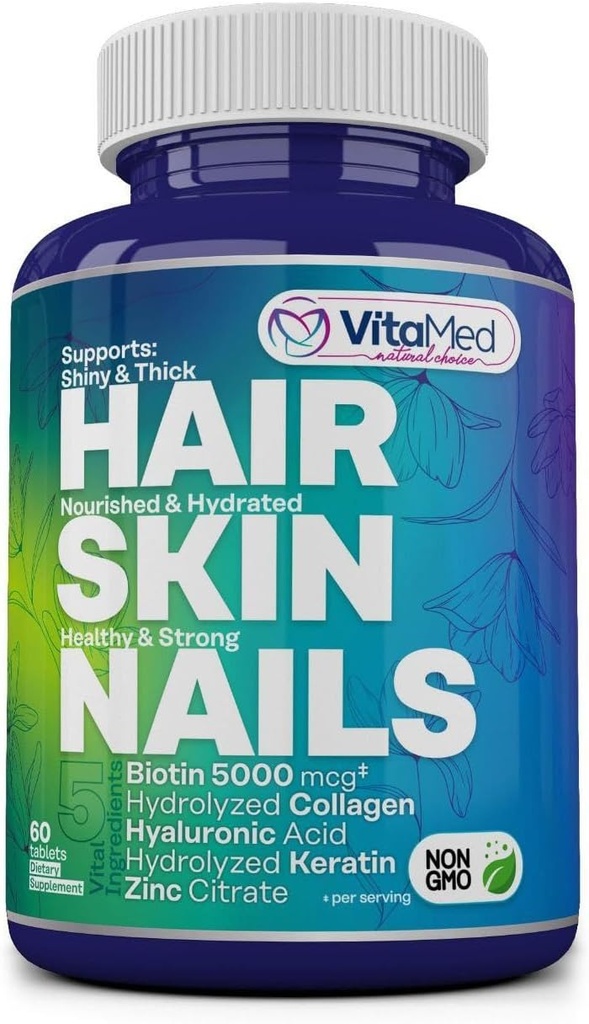 VitaMed Hair, Skin & Nails – Biotin 5000 mcg, Collagen, OptiMSM, Keratin, Hyaluronic Acid & Silica | Supports Hair Growth, Radiant Skin, Strong Nails | Halal, Non-GMO, Gluten-Free – 60 Beauty Tablets