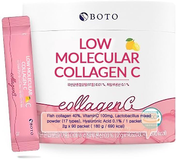 BOTO Low Collagen C - Κορεάτικη Beauty Collagen Peptides Συμπλήρωμα σκόνης με Υαλουρονικό Οξύ και Βιταμίνη για το Δερμάτινο Κομμάτι Καρφιών, Λεμόνι Γεύση - για 3 Μήνες - 90 Πακέτα