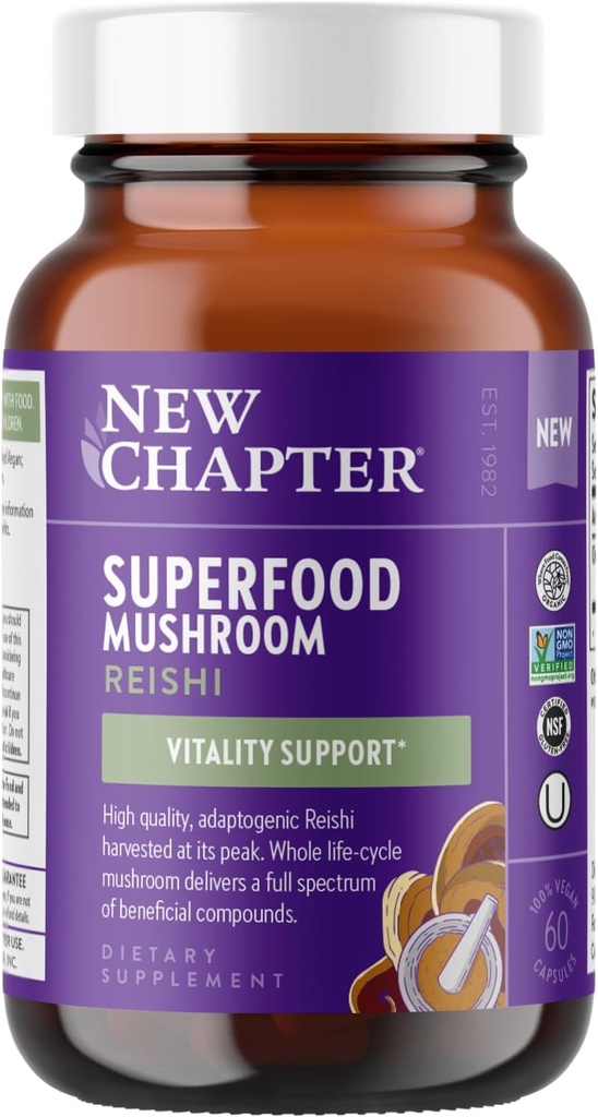 Νέο κεφάλαιο Superfood Reishi κάψουλες μανιταριών – Πιστοποιημένα οργανικά USA-Grown 100% Vegan συμπλήρωμα μανιταριών για την υποστήριξη ζωτικότητας* μη-GMO, Certified Gluten Free, 60 ct