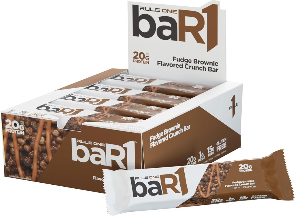 Rule 1 baR1 Crunch Bar - On-The-Go Convenient Protein Snack Bars with 20g Premium Protein, Naturally-Packed with EAAs/BCAAs, Hunger-Filling Fiber (12 Count Box, Fudge Brownie)