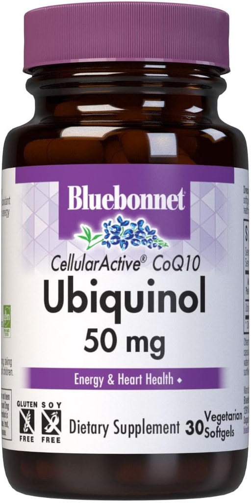 Bluebonnet Nutrition Cellular Active CoQ10 Ubiquinol 50 mg Vegetarian Softgels, Heart Health & Cellular Health, Ubiquinol from Kaneka, Non GMO, Gluten Free, Soy Free, Milk Free, 30 Vegetarian Softgels