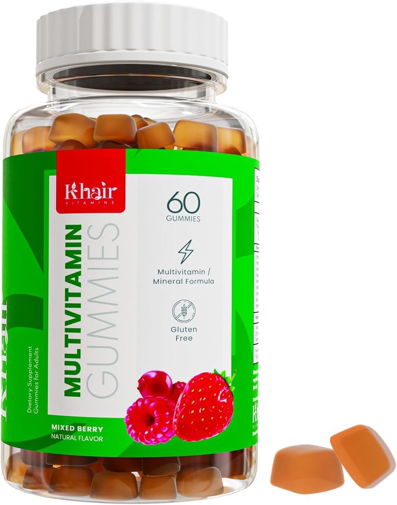 Khair Haal Adult Multivitamins Gummy - Vegan, Non-GMO - Χωρίς γλουτένη, Ζελατίνη Χωρίς - Ουσιώδεις Βιταμίνες: Βιταμίνη A C D B12 & Βιταμίνη B6 Χαλικές Βιταμίνες - 60 Gummies