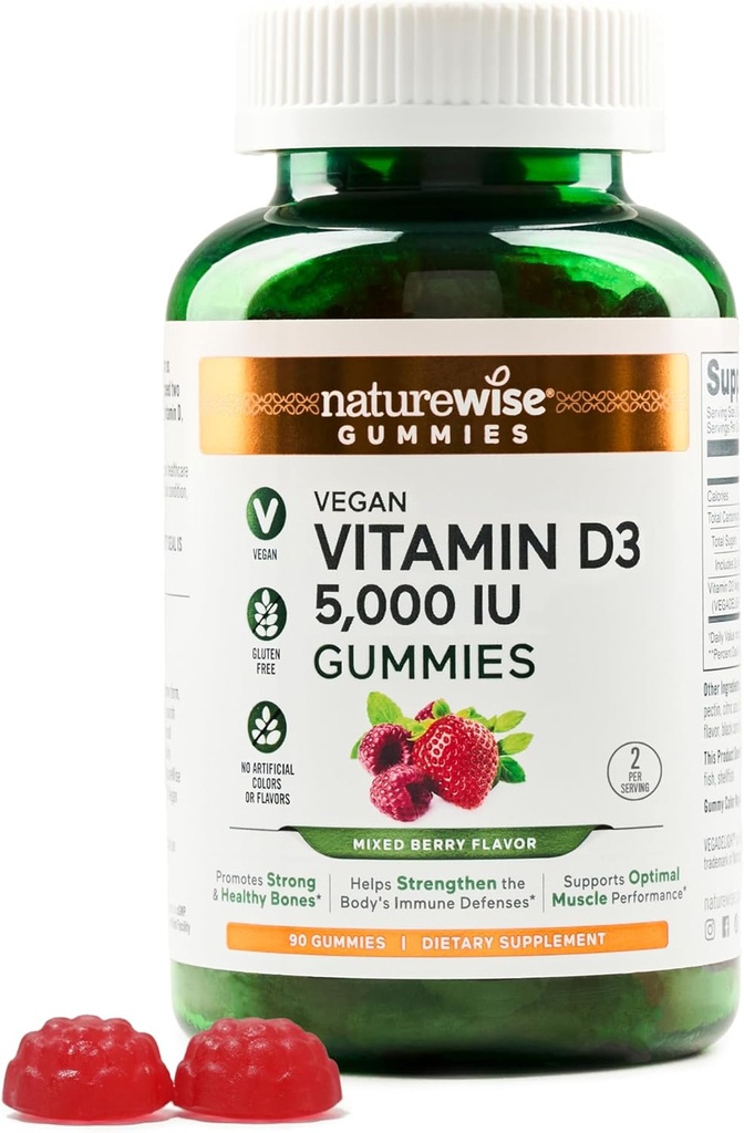 NatureWise Vitamin D3 5000 IU Gummies - Mixed Berry Flavor - Vegan D από το Lichen, Pectin Based, Immune Support for Adults, Mus & Bone Strength - Gluten Free, Non-GMO - 90 Count[45-Day Supply]
