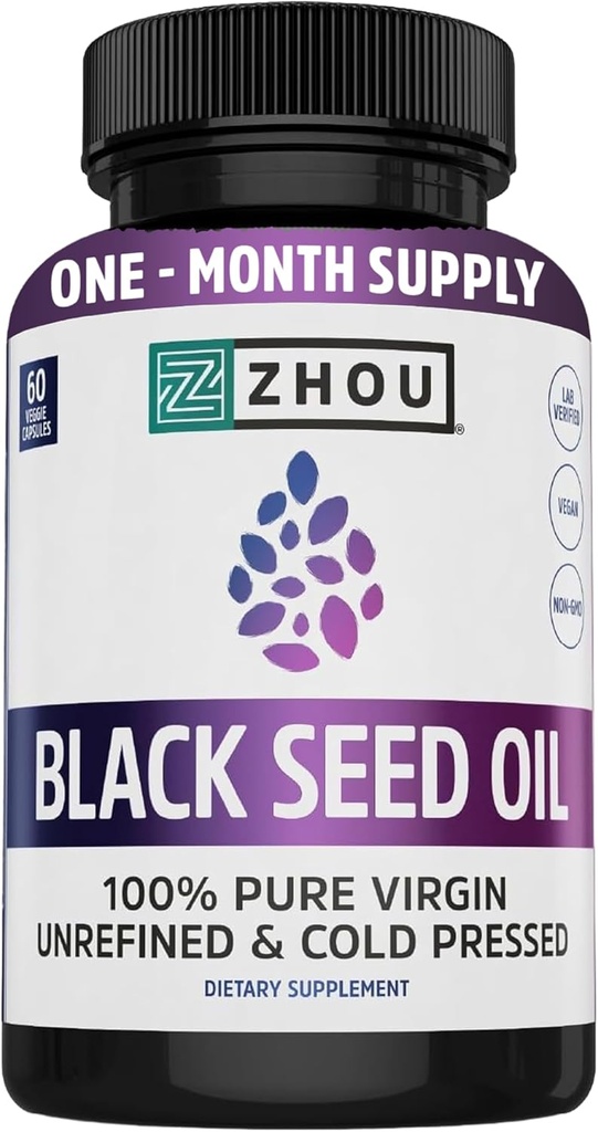 ZHOU Black Seed Oil Capses - Black Cumin Seed Oil Cold Pressed, Nigella Sativa, Pure Unrefined Blackseed, Premium Supplement for Health, Hair & Skin w/Thymoquinone - 60 Caps (Pack of 1)