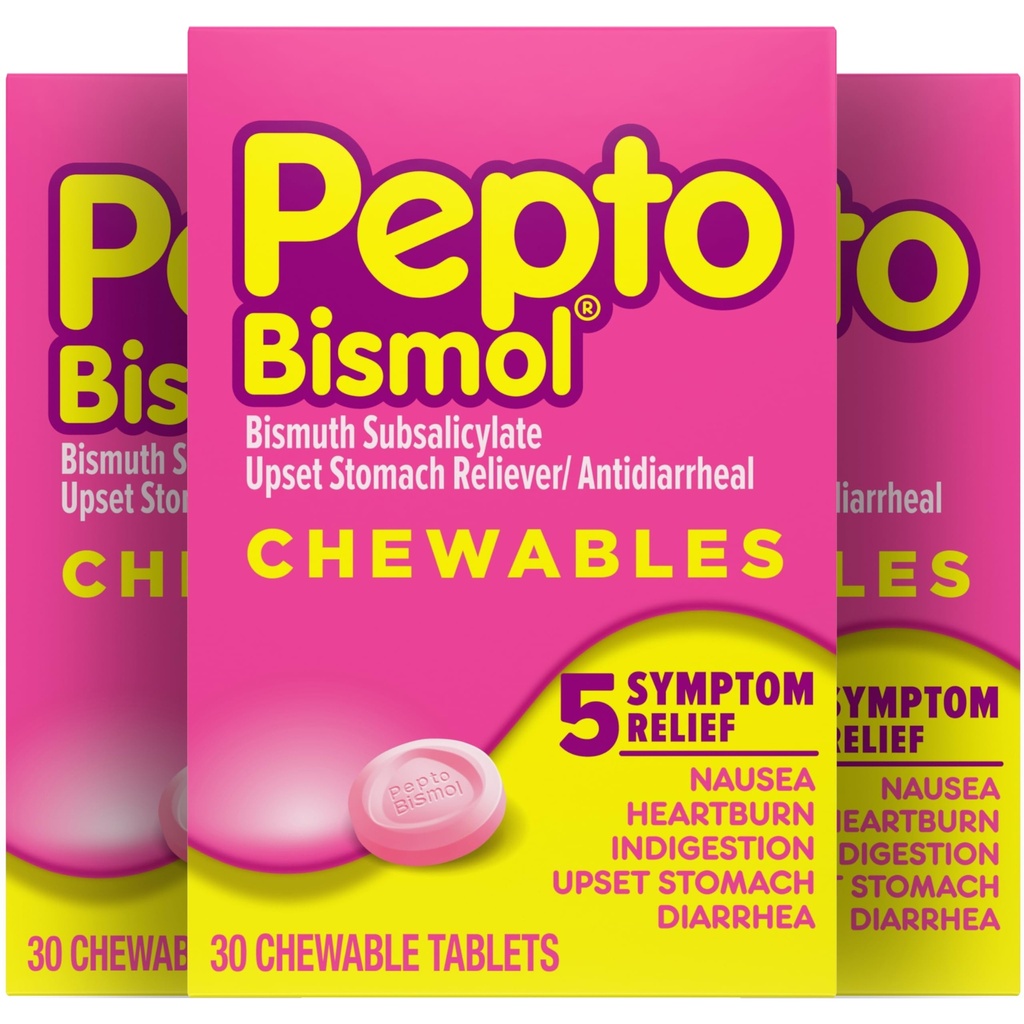 Pepto Bismol Μασώμενα δισκία για Ναυτία, Έγκαυμα καρδιάς, Δυσπεψία, Αναταραχή στομάχου και Διάρροια Ανακούφισης, Αρχική Γεύση, 90 Σύνολο (3 συσκευασίες των 30)