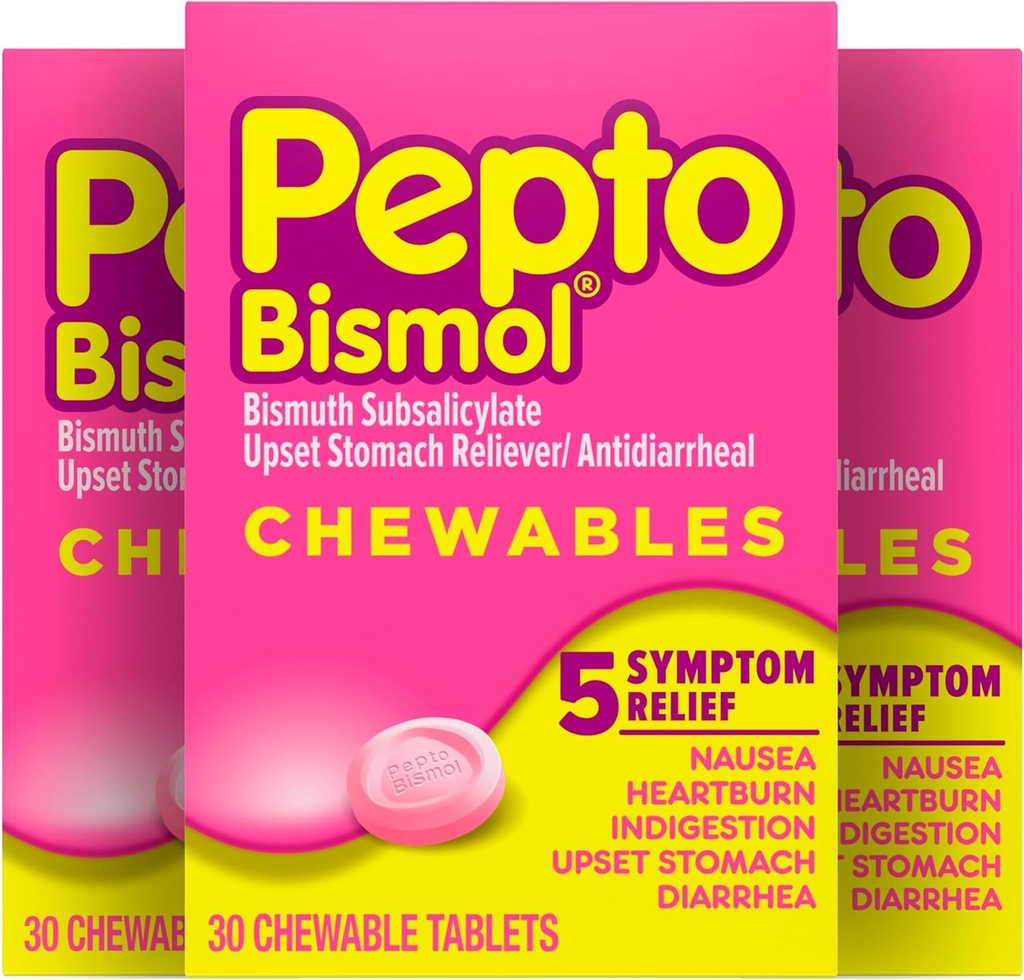 Pepto Bismol Chewable Tablets for Nausea, Heartburn, Indigestion, Upset Stomach, and Diarrhea Relief, Original Flavor, 90 Total (3 Packs of 30)