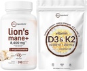 Micro Συστατικά Βιταμίνη D3 10.000iu + K2 200mcg Coconut Oil Softgels & Lions Mane συμπλήρωμα 240 κάψουλες Veggie Bundle 2 Pack 