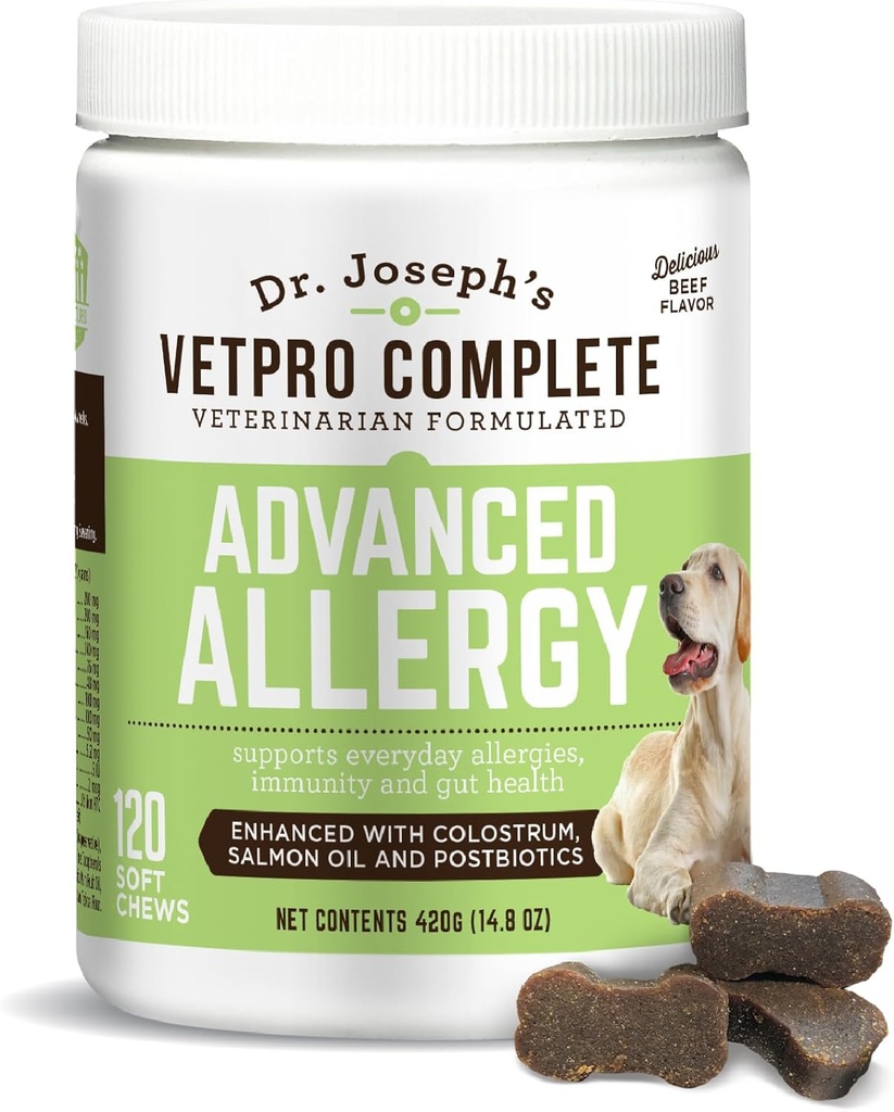 VetPro Advanced Αλλεργία και Itch Υποστήριξη για τα σκυλιά - Υποστηρίζει Εποχικές Αλλεργίες, Ichy Δέρμα, & Ανοσία - Ενισχυμένο με λάδι σολομού, Προβιοτικά & Colostrum για Αλλεργίες, Ανοσολογική Υποστήριξη, & Gut Υγεία