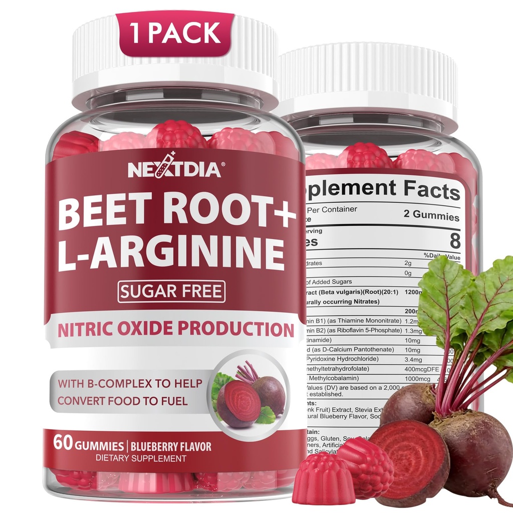 Beet Root Gummies, Beetroot & L-Arginine, Red Beets Supplements w/ Vitamin B1, B2, B3, B5, B6, Folate, B12 for Energy Boost & Circulation Support, Sugar Free Nitric Oxide Gummies, 60 Beet Chews