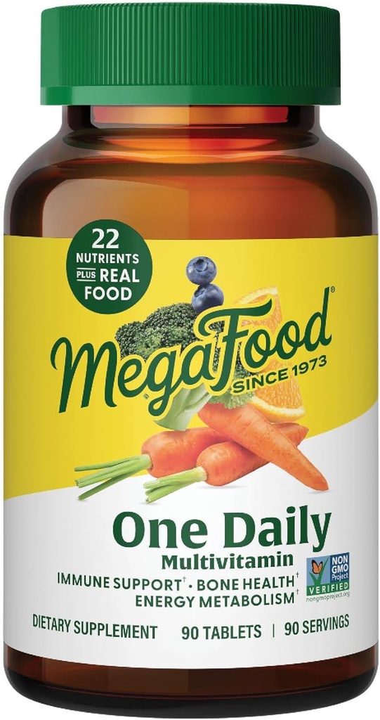 MegaFood One Daily Multivitamin - Multivitamin για γυναίκες και άνδρες - με Real Food - Συμπλήρωμα Ανοσολογικής Υποστήριξης - Βιταμίνη C & Βιταμίνη Β - Υγεία των οστών - Ενεργειακός Μεταβολισμός - Χορτοφάγος, Μη ΓΤΟ - 90 Tabs