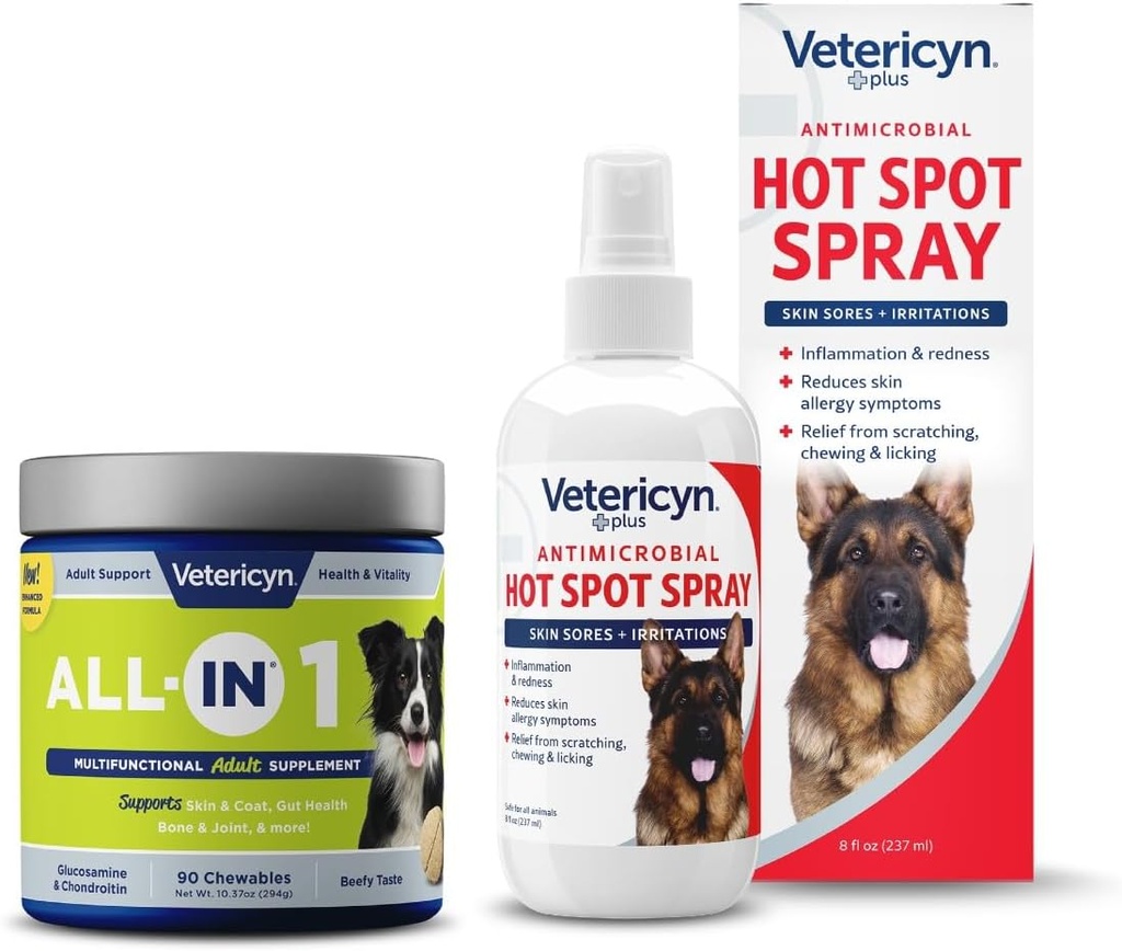 Vetericyn All-in 1 πολυλειτουργικό συμπλήρωμα σκύλων και Vetericyn Plus καυτό spray σημείο