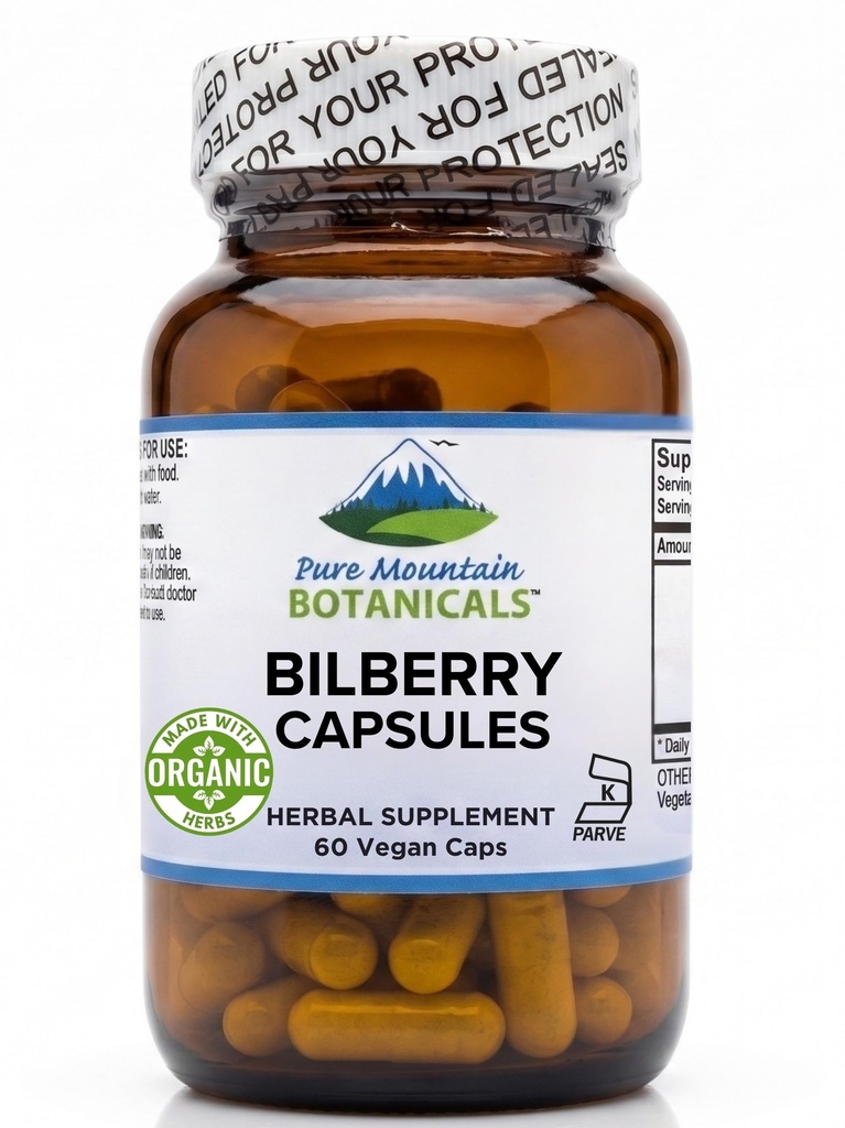 Pure Mountain Botanicals Bilberry Extract Supplement Vegan Kosher Κάψουλες με 250mg Βιολογικό Bilberry Leaf & 50mg ισχυρό εκχύλισμα Billberries