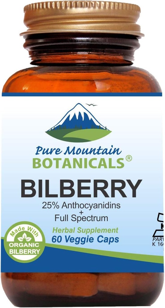 Pure Mountain Botanicals Bilberry Extract Supplement Vegan Kosher Capsules with 250mg Organic Bilberry Leaf & 50mg Potent Extract of Billberries