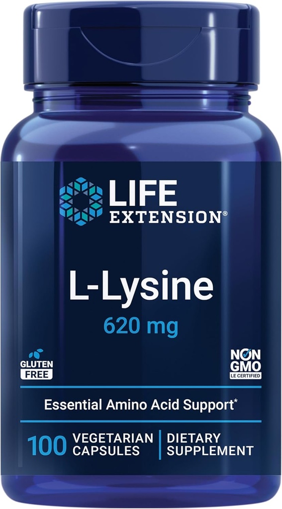 Επέκταση ζωής L-Lysine, 620 mg, Αιθέριο Αμινοξύ για Υγιή Ισορροπία αζώτου, Μεταβολισμός ασβεστίου, Ανταπόκριση στρες & Περισσότερα, Χωρίς Γλουτένη, Μη ΓΤΟ, Χορτοφαγικά, 100 Κάψουλες